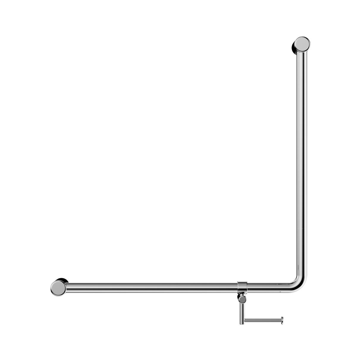 An image of Nero Tapware Mecca Care 32mm 90 Degree NZ4121 Accessible Toilet Grab Rail 750X750mm With Toilet Roll Holder Chrome