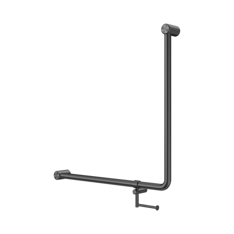 An image of Nero Tapware Mecca Care 32mm 90 Degree NZ4121 Accessible Toilet Grab Rail 750X750mm With Toilet Roll Holder Gun Metal