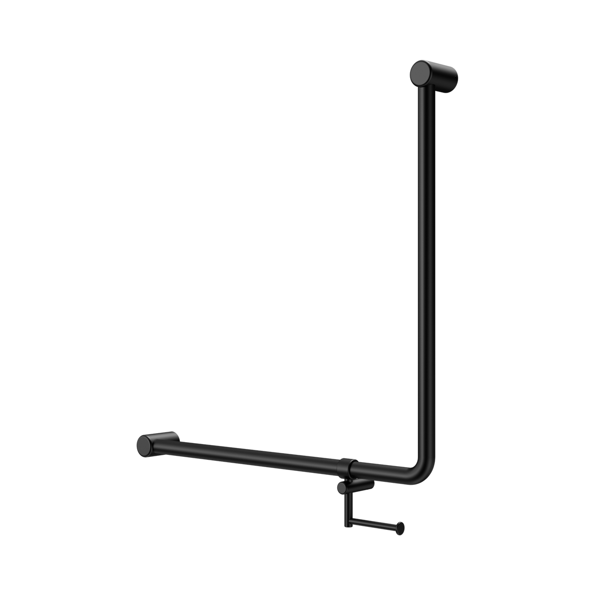 An image of Nero Tapware Mecca Care 32mm 90 Degree NZ4121 Accessible Toilet Grab Rail 750X750mm With Toilet Roll Holder Matte Black