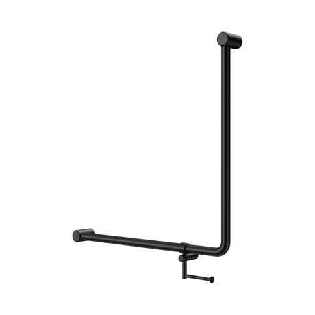An image of Nero Tapware Mecca Care 32mm 90 Degree NZ4121 Accessible Toilet Grab Rail 750X750mm With Toilet Roll Holder Matte Black