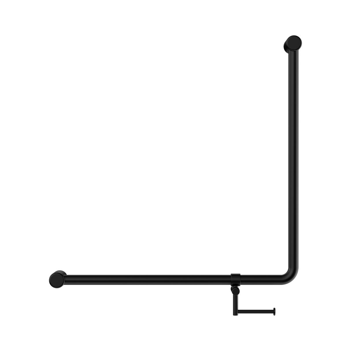 An image of Nero Tapware Mecca Care 32mm 90 Degree NZ4121 Accessible Toilet Grab Rail 750X750mm With Toilet Roll Holder Matte Black