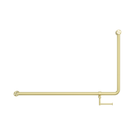 An image of Nero Tapware Mecca Care 32mm DDA Accessible Toilet 90 Degree Bent Tube Grab Rail 600X1000mm With Toilet Roll Holder Brushed Gold