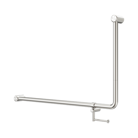 An image of Nero Tapware Mecca Care 32mm DDA Accessible Toilet 90 Degree Bent Tube Grab Rail 600X1000mm With Toilet Roll Holder Brushed Nickel