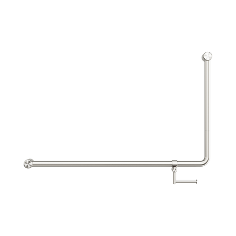An image of Nero Tapware Mecca Care 32mm DDA Accessible Toilet 90 Degree Bent Tube Grab Rail 600X1000mm With Toilet Roll Holder Brushed Nickel