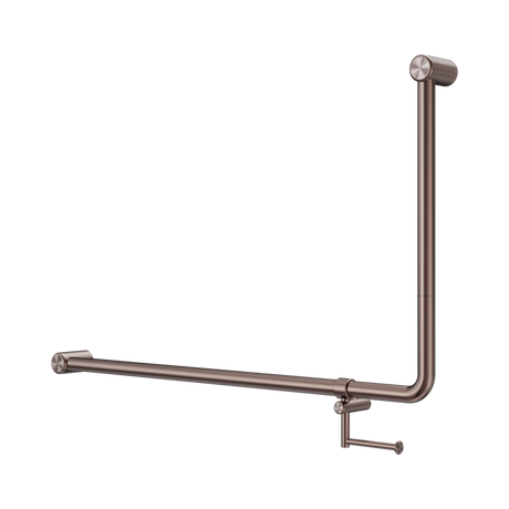 An image of Nero Tapware Mecca Care 32mm DDA Accessible Toilet 90 Degree Bent Tube Grab Rail 600X1000mm With Toilet Roll Holder Brushed Bronze