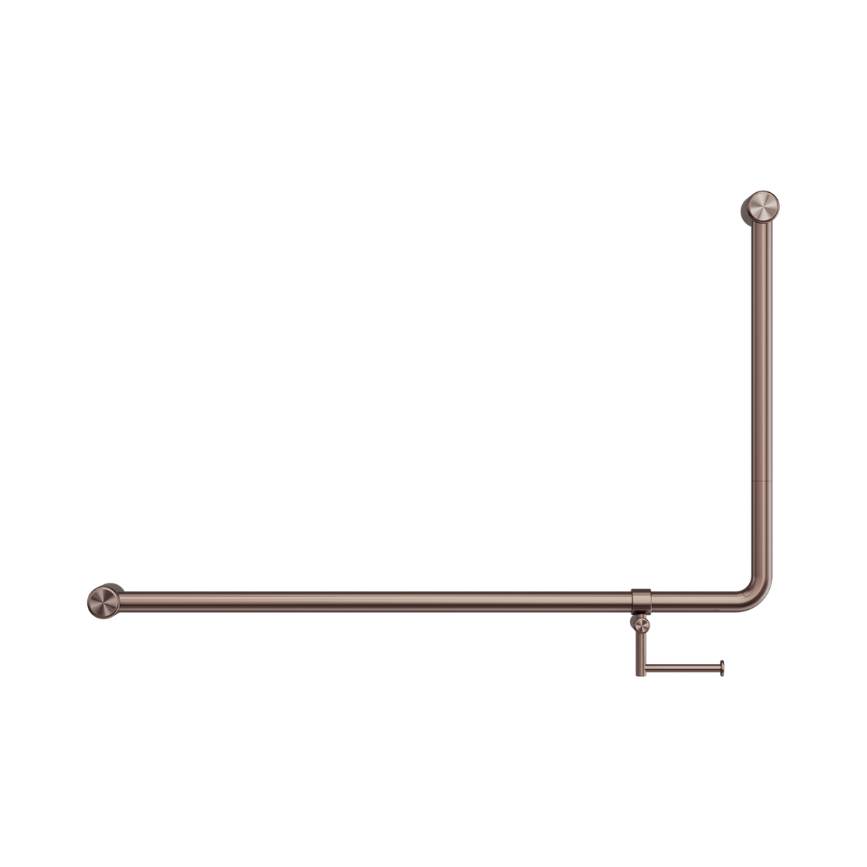 An image of Nero Tapware Mecca Care 32mm DDA Accessible Toilet 90 Degree Bent Tube Grab Rail 600X1000mm With Toilet Roll Holder Brushed Bronze
