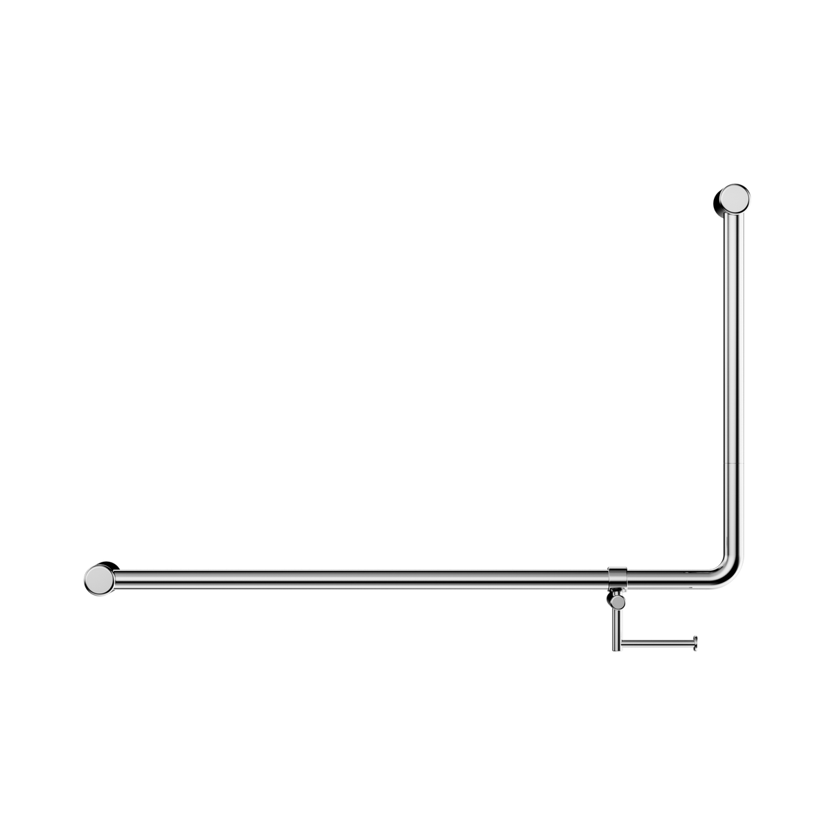 An image of Nero Tapware Mecca Care 32mm DDA Accessible Toilet 90 Degree Bent Tube Grab Rail 600X1000mm With Toilet Roll Holder Chrome