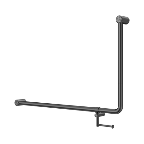 An image of Nero Tapware Mecca Care 32mm DDA Accessible Toilet 90 Degree Bent Tube Grab Rail 600X1000mm With Toilet Roll Holder Gun Metal