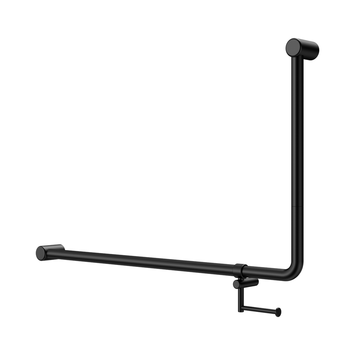 An image of Nero Tapware Mecca Care 32mm DDA Accessible Toilet 90 Degree Bent Tube Grab Rail 600X1000mm With Toilet Roll Holder Matte Black