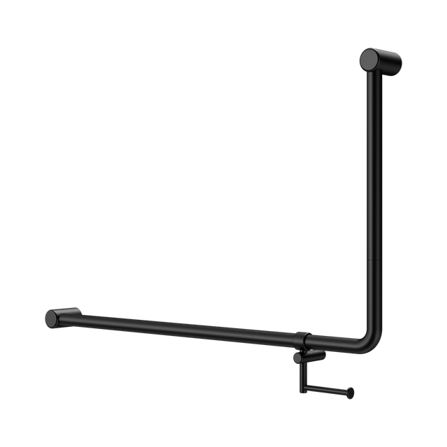 An image of Nero Tapware Mecca Care 32mm DDA Accessible Toilet 90 Degree Bent Tube Grab Rail 600X1000mm With Toilet Roll Holder Matte Black