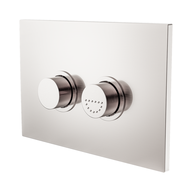 An image of Nero Tapware Mecca Care Raised Disabled Care Pneumatic Flush Buttons Plate DDA Accessible Toilet Compliant Brushed Nickel