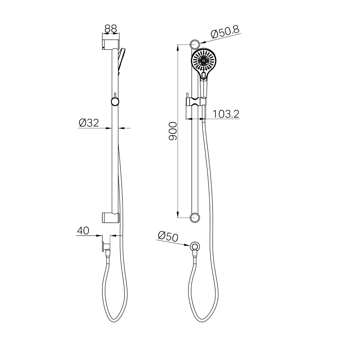 A line drawing of Nero Tapware Mecca Care 32mm Grab Rail And Adjustable Shower Rail Set 900mm Matte Black