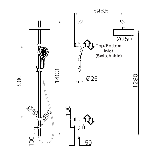 A line drawing of Nero Tapware Mecca Care 25mm Grab Rail 900mm Twin Shower Set Brushed Bronze
