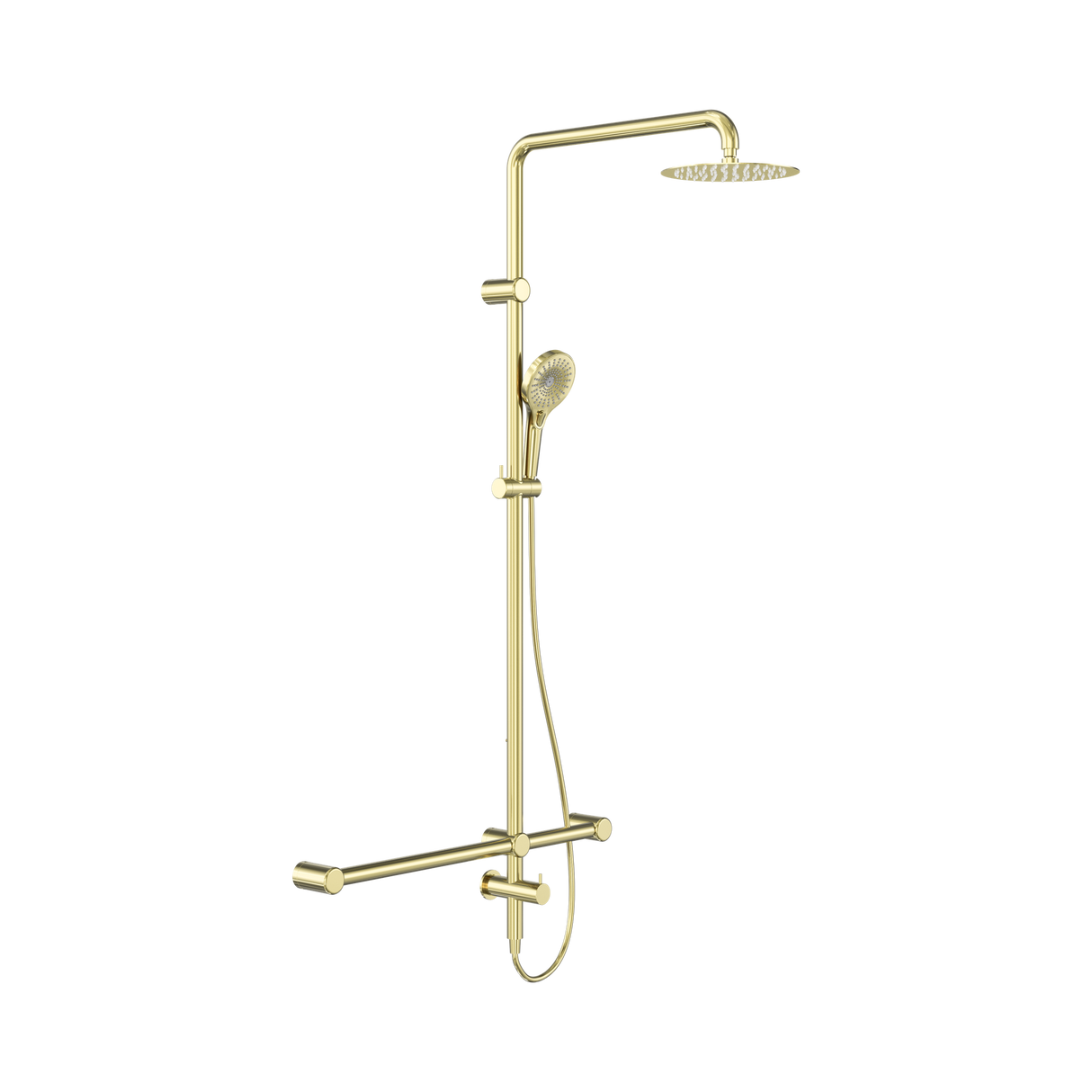 An image of Nero Tapware Mecca Care 32mm T Bar Grab Rail 1100x750mm Twin Shower Set Brushed Gold