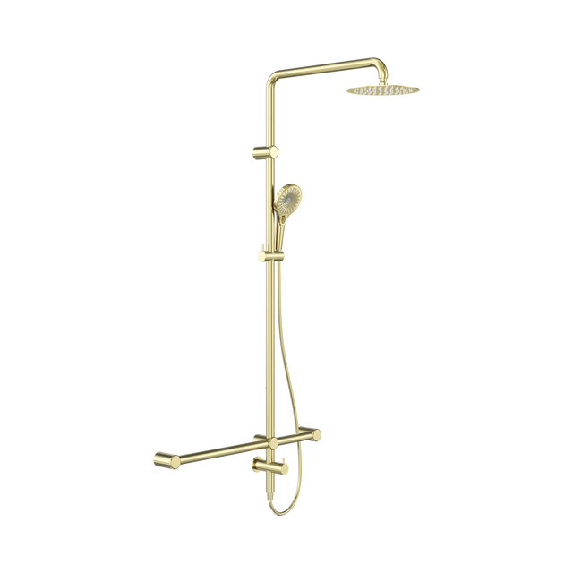 An image of Nero Tapware Mecca Care 32mm T Bar Grab Rail 1100x750mm Twin Shower Set Brushed Gold