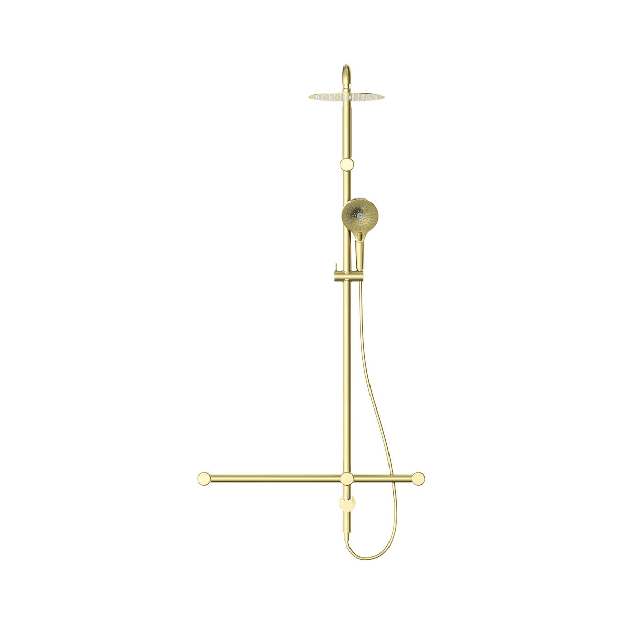 An image of Nero Tapware Mecca Care 32mm T Bar Grab Rail 1100x750mm Twin Shower Set Brushed Gold