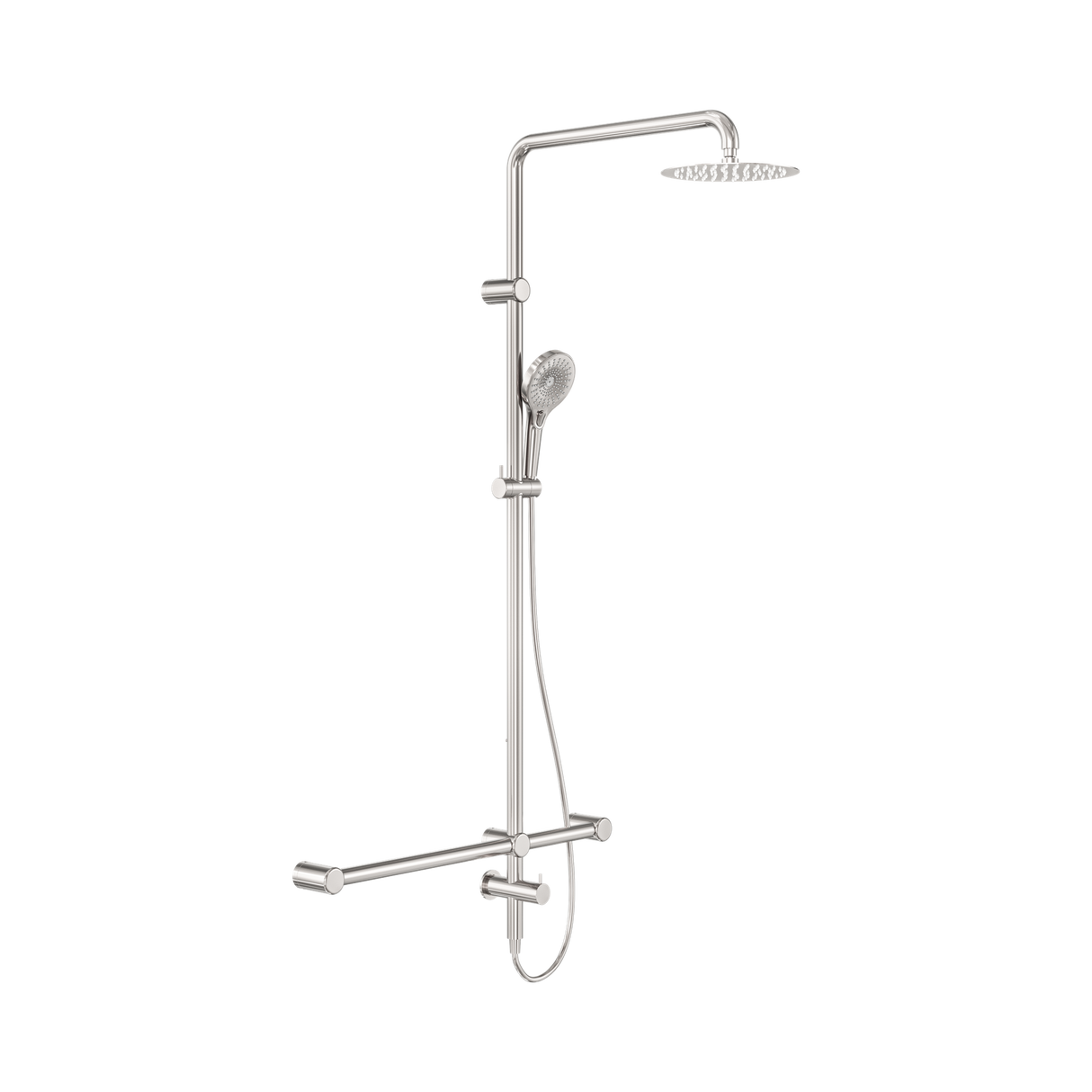 An image of Nero Tapware Mecca Care 32mm T Bar Grab Rail 1100x750mm Twin Shower Set Brushed Nickel
