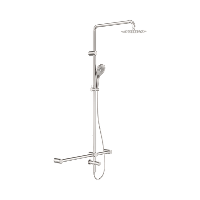 An image of Nero Tapware Mecca Care 32mm T Bar Grab Rail 1100x750mm Twin Shower Set Brushed Nickel