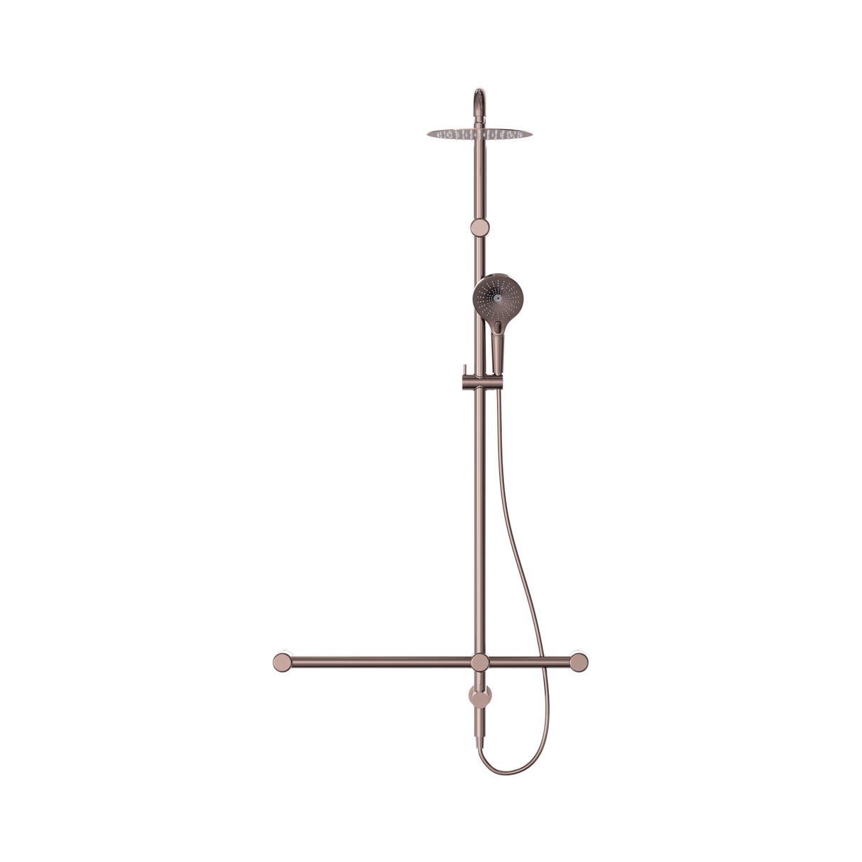 An image of Nero Tapware Mecca Care 32mm T Bar Grab Rail 1100x750mm Twin Shower Set Brushed Bronze