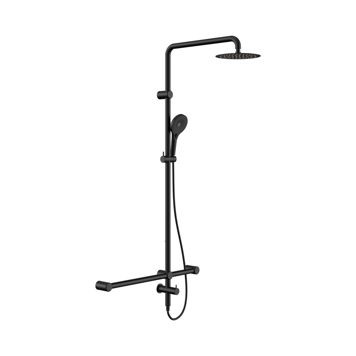 An image of Nero Tapware Mecca Care 32mm T Bar Grab Rail 1100x750mm Twin Shower Set Matte Black