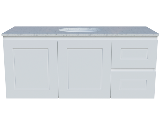 Nevada Classic Vanity 1200mm Centre White Gloss Under Counter Basin SilkSurface Top Wall hung (NVC-V-1200-C-SSU-W)