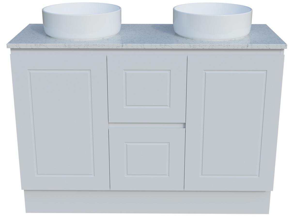 Nevada Classic Vanity 1200mm Double White Gloss Above Counter Basins SilkSurface Top Floor standing (NVC-V-1200-D-SSA-F)