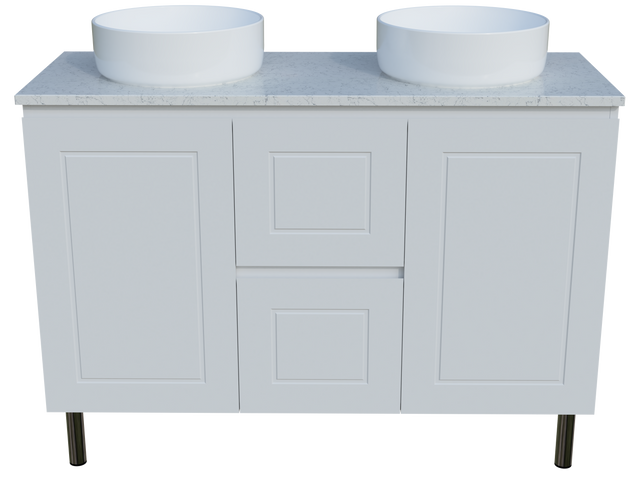 Nevada Classic Vanity 1200mm Double White Gloss Above Counter Basins SilkSurface Top On Legs (NVC-V-1200-D-SSA-L)