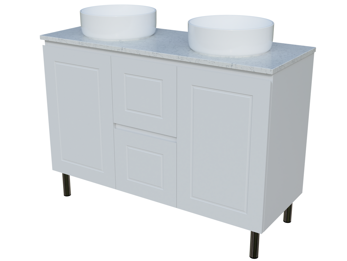 Nevada Classic Vanity 1200mm Double White Gloss Above Counter Basins SilkSurface Top On Legs (NVC-V-1200-D-SSA-L)