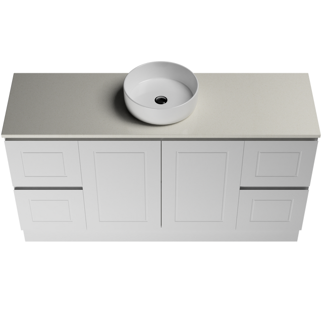 Nevada Classic Vanity 1500mm Centre White Gloss Above Counter Basin SilkSurface Top Floor standing (NVC-V-1500-C-SSA-F)