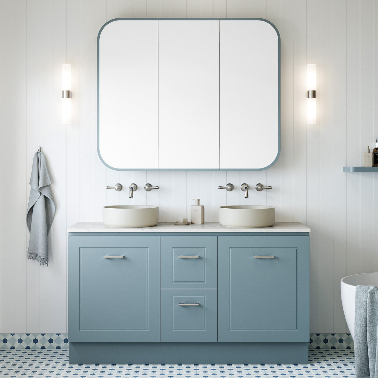 Nevada Classic Vanity 1500mm Double White Gloss Above Counter Basins SilkSurface Top Floor standing (NVC-V-1500-D-SSA-F)