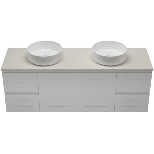 Nevada Classic Vanity 1500mm Double White Gloss Above Counter Basins SilkSurface Top Wall hung (NVC-V-1500-D-SSA-W)