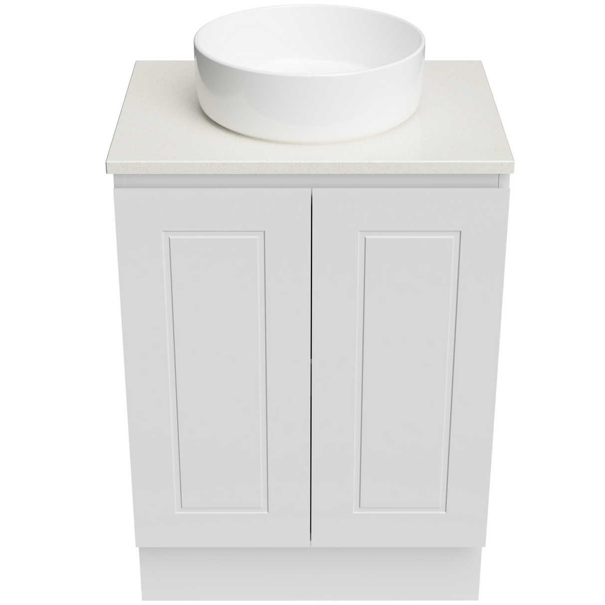 Nevada Classic Vanity 600mm Centre White Gloss Above Counter Basin SilkSurface Top Floor standing (NVC-V-600-C-SSA-F)