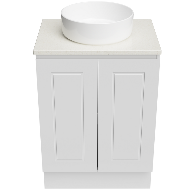 Nevada Classic Vanity 600mm Centre White Gloss Above Counter Basin SilkSurface Top Floor standing (NVC-V-600-C-SSA-F)