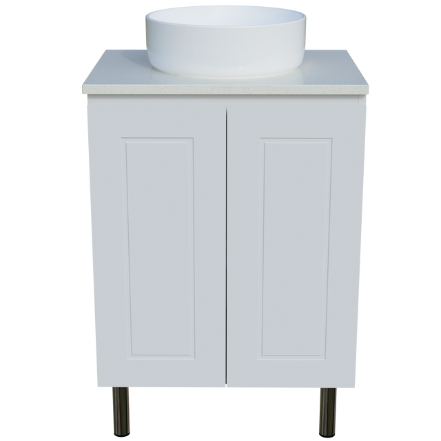 Nevada Classic Vanity 600mm Centre White Gloss Above Counter Basin SilkSurface Top On Legs (NVC-V-600-C-SSA-L)