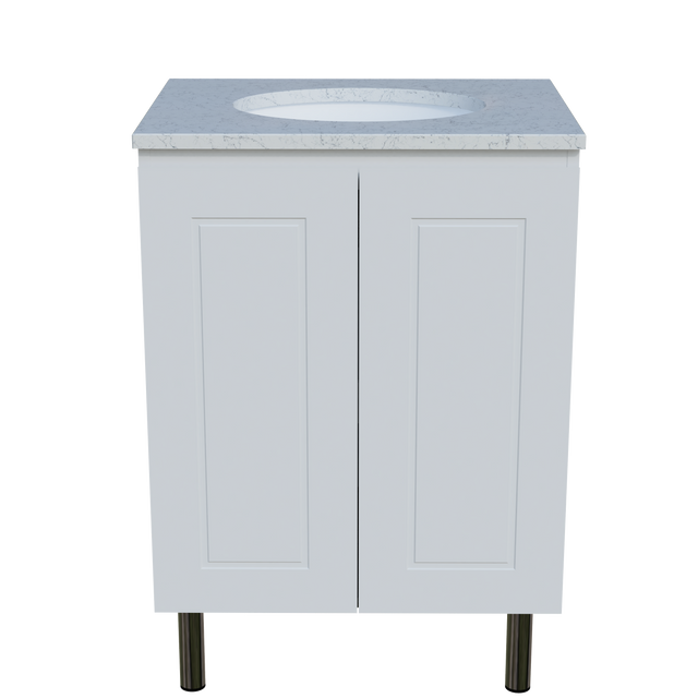 Nevada Classic Vanity 600mm Centre White Gloss Under Counter Basin SilkSurface Top On Legs (NVC-V-600-C-SSU-L)