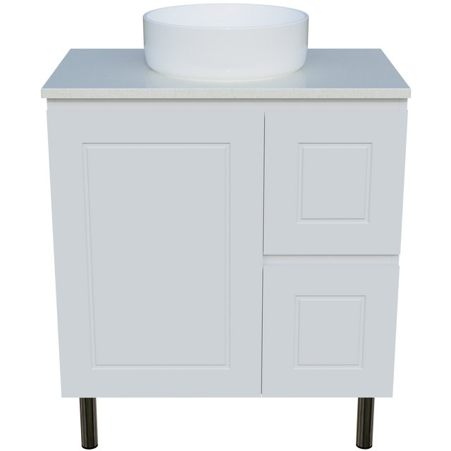 Nevada Classic Vanity 750mm Centre White Gloss Above Counter Basin SilkSurface Top On Legs (NVC-V-750-C-SSA-L)