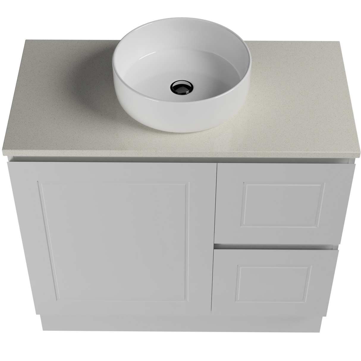 Nevada Classic Vanity 900mm Centre White Gloss Above Counter Basin SilkSurface Top Floor standing (NVC-V-900-C-SSA-F)