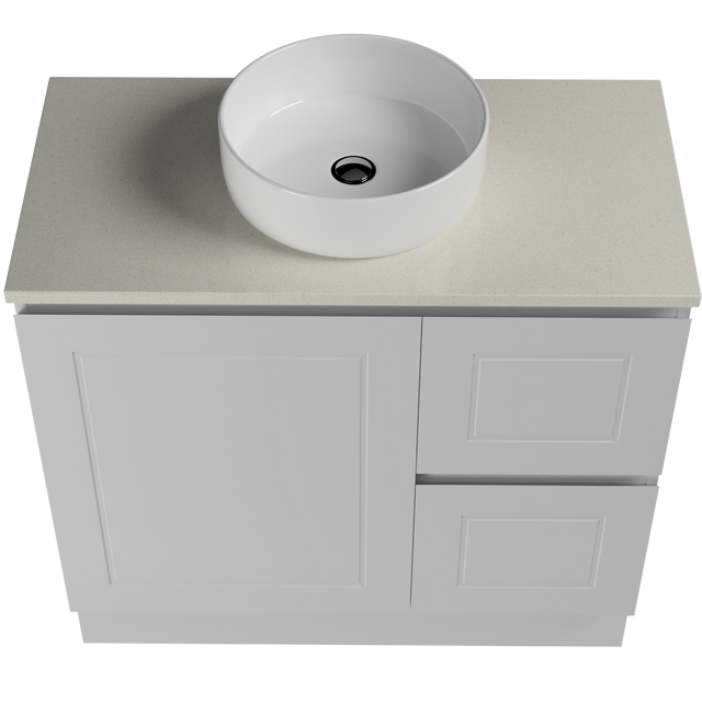 Nevada Classic Vanity 900mm Centre White Gloss Above Counter Basin SilkSurface Top Floor standing (NVC-V-900-C-SSA-F)