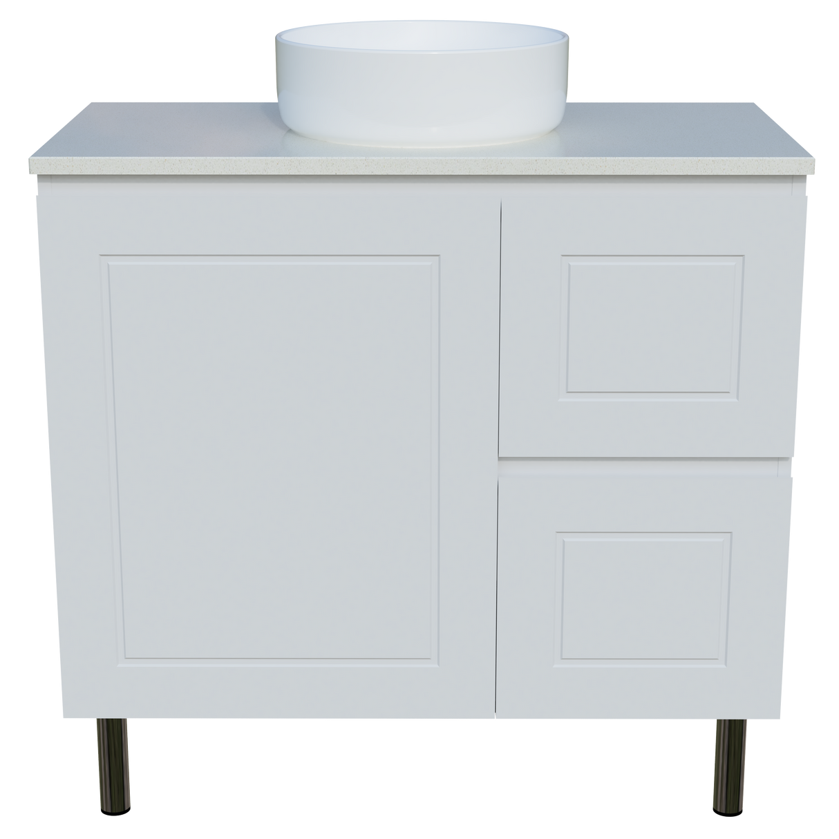 Nevada Classic Vanity 900mm Centre White Gloss Above Counter Basin SilkSurface Top On Legs (NVC-V-900-C-SSA-L)