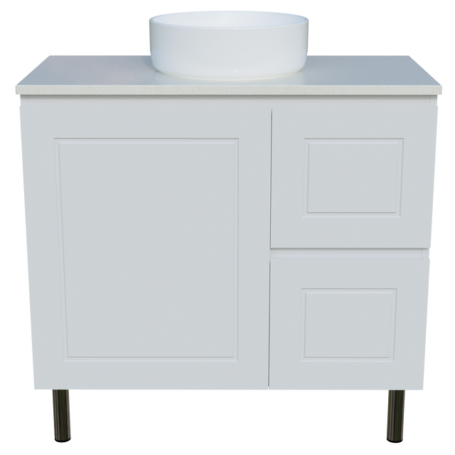 Nevada Classic Vanity 900mm Centre White Gloss Above Counter Basin SilkSurface Top On Legs (NVC-V-900-C-SSA-L)