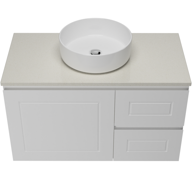 Nevada Classic Vanity 900mm Centre White Gloss Above Counter Basin SilkSurface Top Wall hung (NVC-V-900-C-SSA-W)