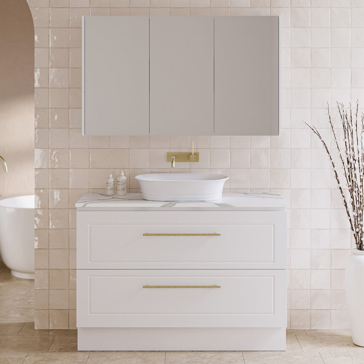 Nevada Plus Classic Vanity 1200mm Centre White Gloss Above Counter Basin SilkSurface Top Floor standing (NVPC-V-1200-C-SSA-F)