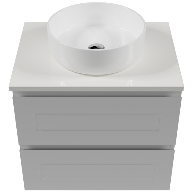 Nevada Plus Classic Vanity 600mm Centre White Gloss Above Counter Basin SilkSurface Top Wall hung (NVPC-V-600-C-SSA-W)