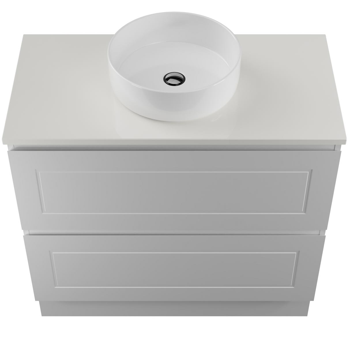 Nevada Plus Classic Vanity 900mm Centre White Gloss Above Counter Basin SilkSurface Top Floor standing (NVPC-V-900-C-SSA-F)