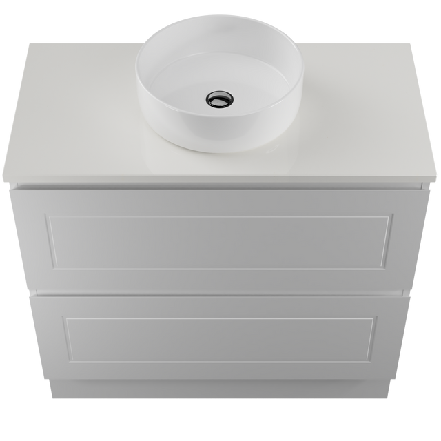 Nevada Plus Classic Vanity 900mm Centre White Gloss Above Counter Basin SilkSurface Top Floor standing (NVPC-V-900-C-SSA-F)