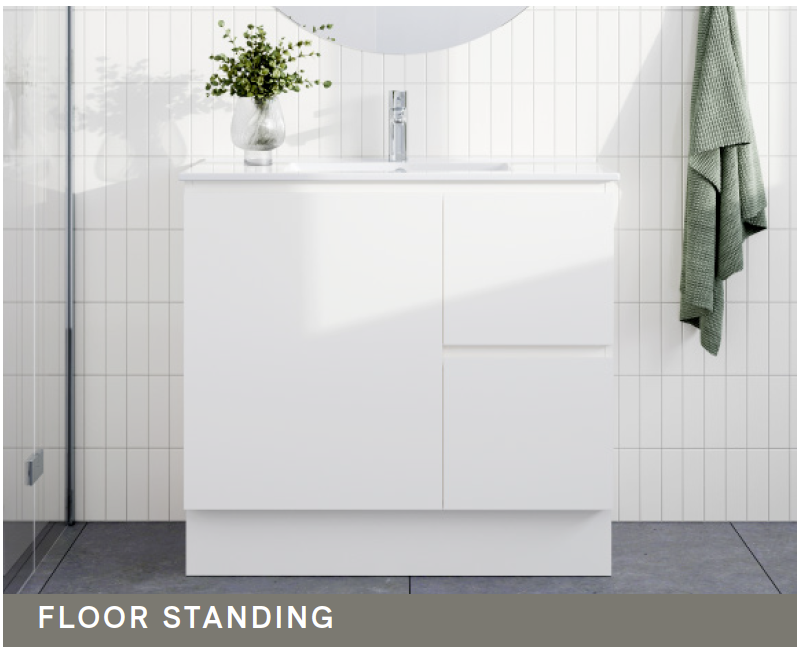 Nevada Quickship Vanity 1200mm White Satin Centre Bowl 1 Tap Hole Alpha Top Floor standing