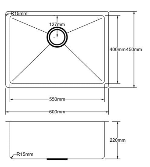 Single Rectangle Bowl Stainless Steel Kitchen Sink Round Waste PKSS-600R