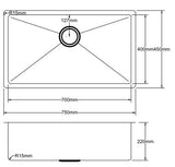 Single Rectangle Bowl Stainless Steel Kitchen Sink Round Waste PKSS-750R