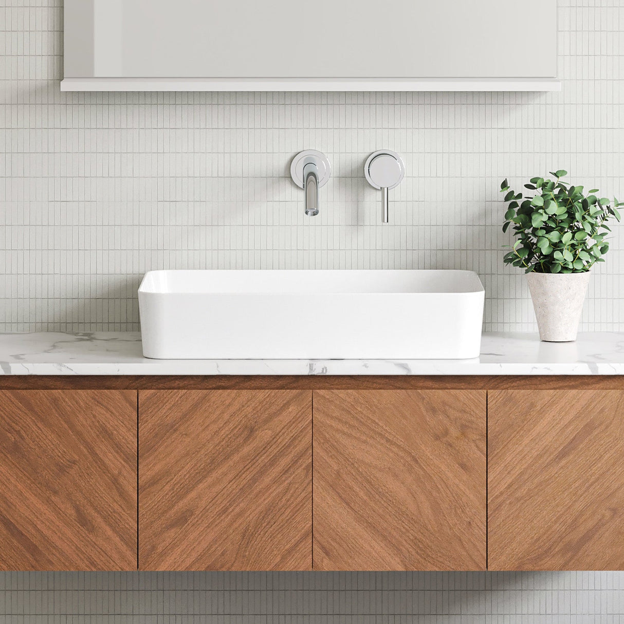 A lifestyle image of Timberline's Quill Basin 600mm White Gloss