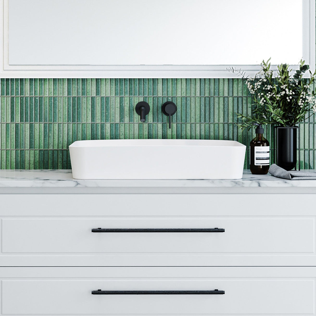 A lifestyle image of Timberline's Quill Basin 600mm White Gloss